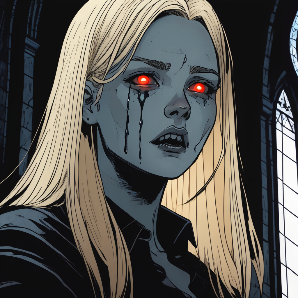 10891-575043877-VtmArt, comic drawing of a blonde haired girl with crying glowing eyes and fangs in a cathedral, wearing black shirt, melancholy.png